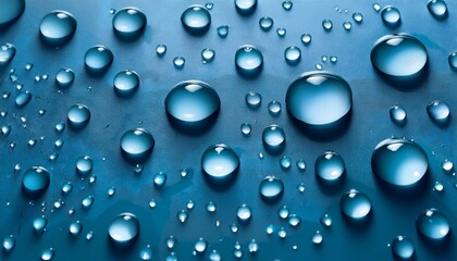 water drops on smooth surface blue background