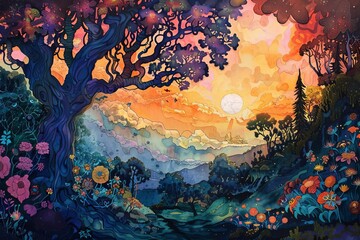 A vibrant fantasy landscape with a colorful sunset, lush flora, and a dreamy, whimsical atmosphere, perfect for imaginative and creative designs.