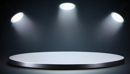 round stand with three lights above dark background