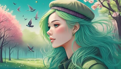 jolie femme cheveux vert pâle long yeux brun de profil avec vent dans les cheveux lumineux  avec oiseaux