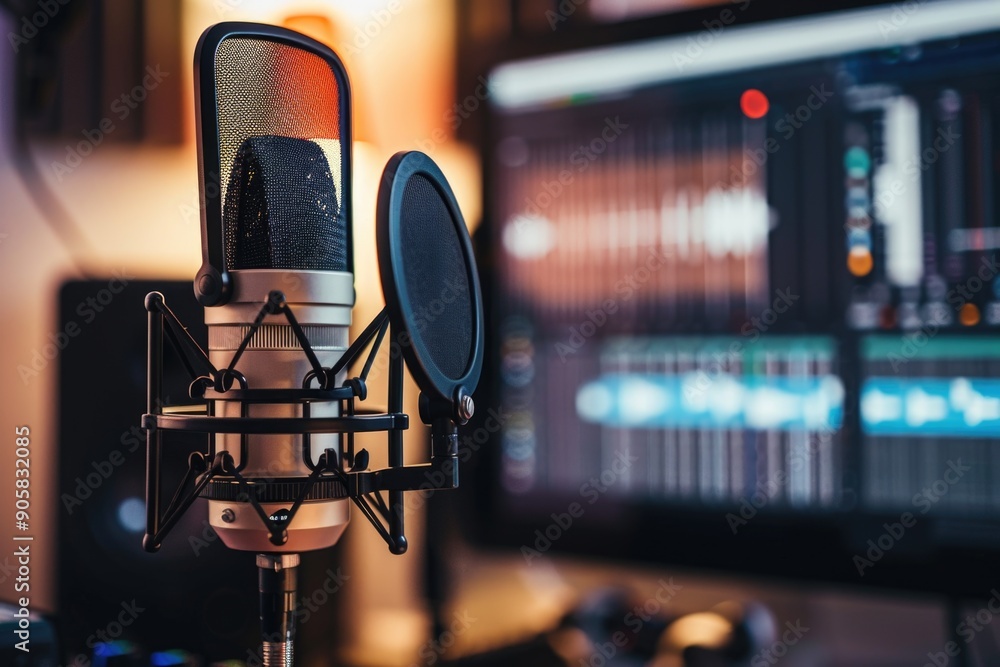 Poster a microphone placed in front of a computer monitor, ideal for podcasting or recording video
