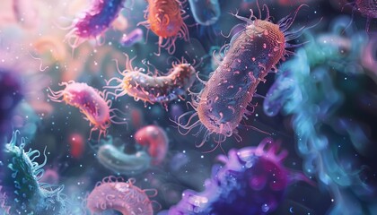 Naklejka premium Colorful microscopic view of bacteria and microorganisms in vibrant colors, showcasing diversity and complexity of microscopic life.