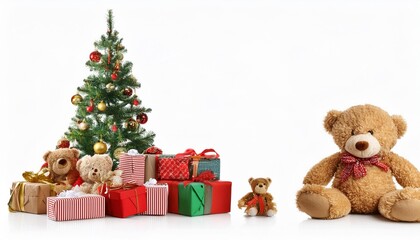 christmas tree pile of christmas gifts two teddy bears isolated on white background