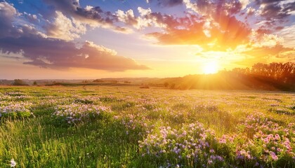 blooming field or meadow with sunset dramatic sky with sunbeams blooming flowers in the green grass panorama with hdr effect