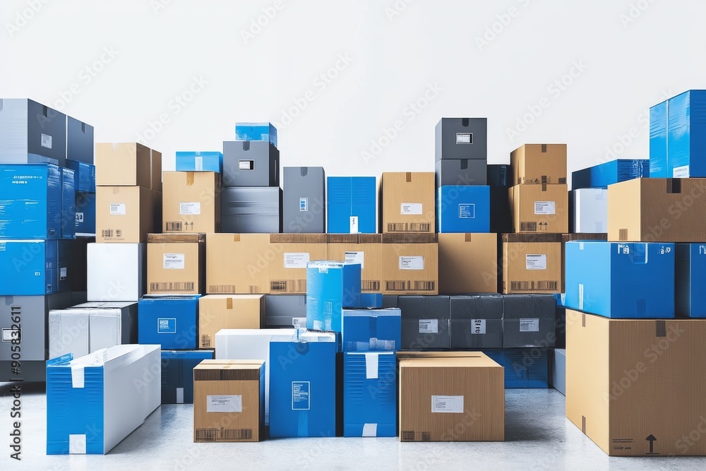 Poster stacked blue and brown delivery boxes in a warehouse representing logistics e-commerce and the compl