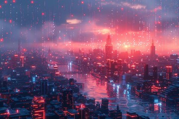 Obraz premium Futuristic cityscape with vibrant neon lights, misty atmosphere, and towering skyscrapers reflecting in water, showcasing a cyberpunk aesthetic
