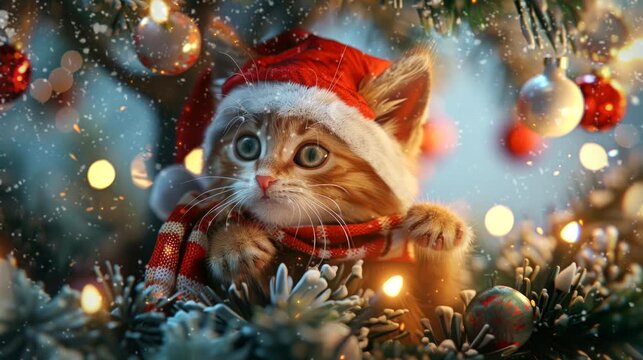 a festive wallpaper featuring cute cat dressed in Santa hats and scarves, christmas decoration tree. seamless looping time-lapse virtual 4k video animation background
