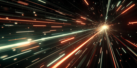 Naklejka premium Colorful light trails converging towards a bright focal point, representing speed, energy, and motion in a futuristic setting