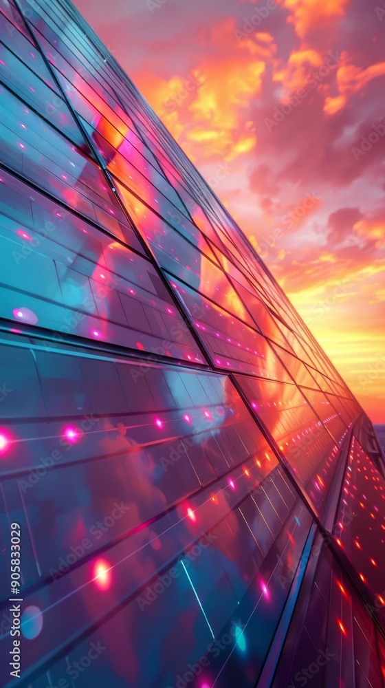 Poster abstract reflection of a vibrant sunset on a futuristic glass building with colorful lights, creatin