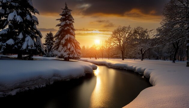 winter snowy park trees in the snow a frozen river snowdrifts and ice fantasy winter landscape frosty sunset 3d illustration