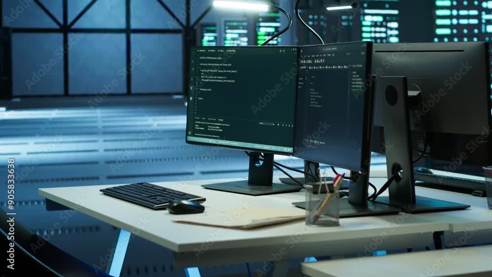 Poster computers in data center used for monitoring security attacks threatening supercomputers rows. pcs u