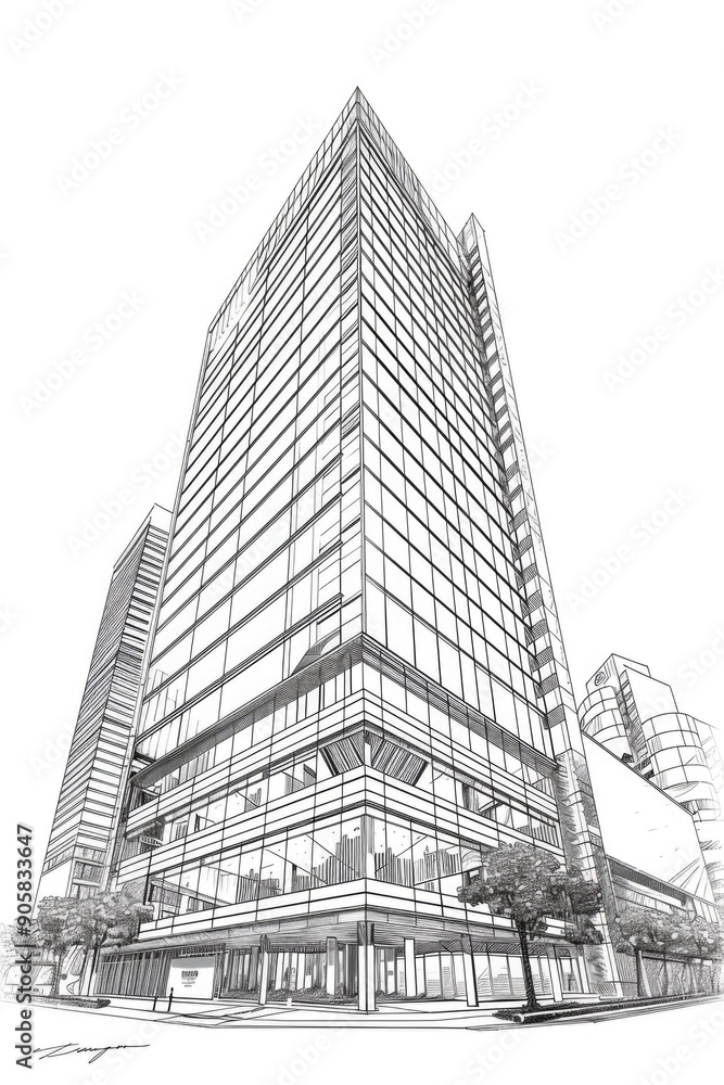 Poster tall building in urban setting, ideal for use in architectural or cityscape images