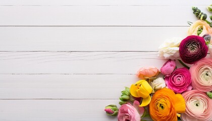 assorted colorful roses and ranunculus flowers on white wooden background flat lay composition with copy space springtime and nature concept for design and print generative ai