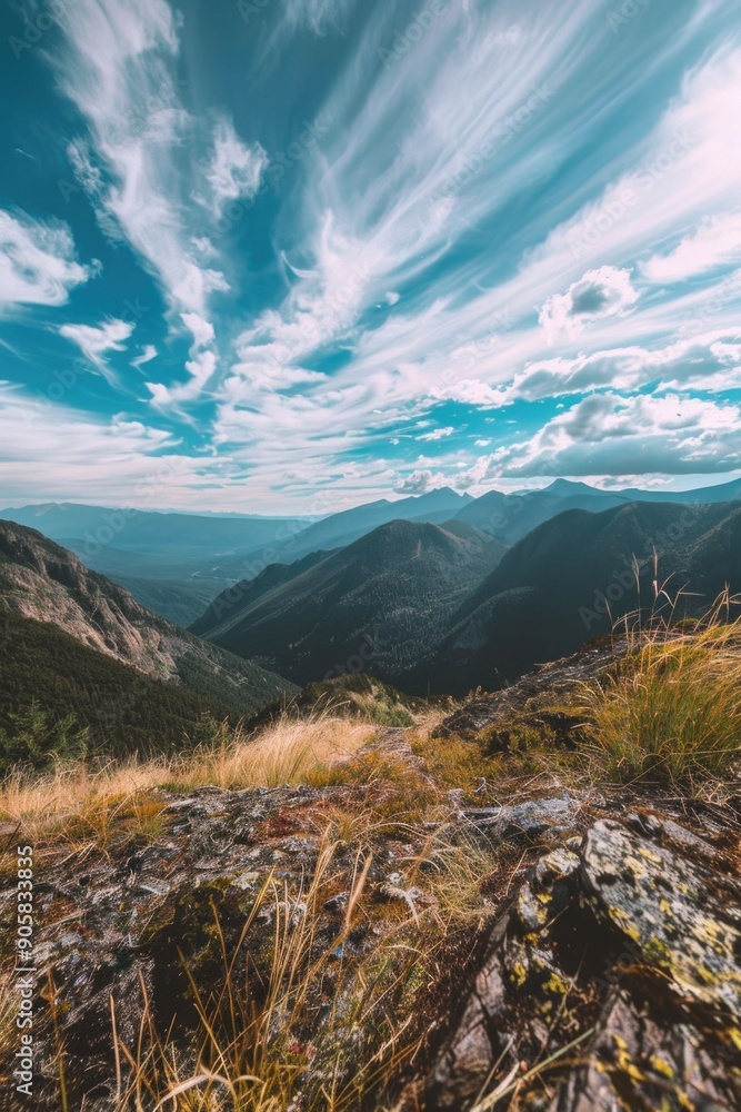 Aufkleber a picturesque landscape of a mountain range with a few clouds in the clear blue sky, suitable for us