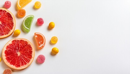 slice of grapefruit and sweet fruit hard candies on white table background overhead view of colorful caramel mix hard light shadow copy space