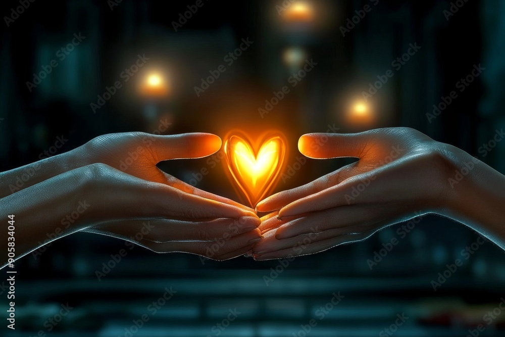 Poster hands forming a heart shape with a glowing light at the center symbolizing love warmth and the power