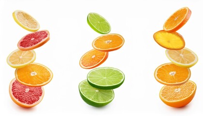 mix of falling orange grapefruit lime and lemon slices isolated on white background