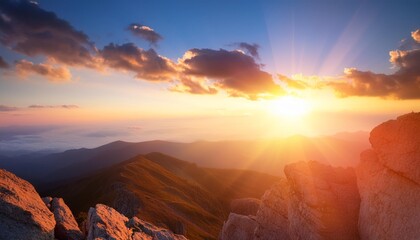 beautiful sunset sky with flare at mountain