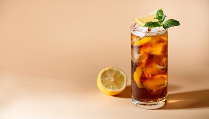 Fototapeta premium long island ice tea cocktail with vodka rum tequila gin liquor lemon juice cola and ice garnished with lemon slice and mint in highball glass beige background hard light