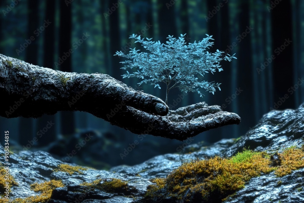 Aufkleber tiny sapling growing from a tree branch in a forest symbolizing resilience renewal and the cycle of 