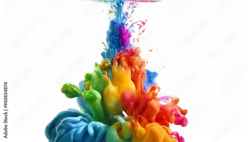 Wall mural abstract colorful paint splashes isolated on white background acrylic paints in water