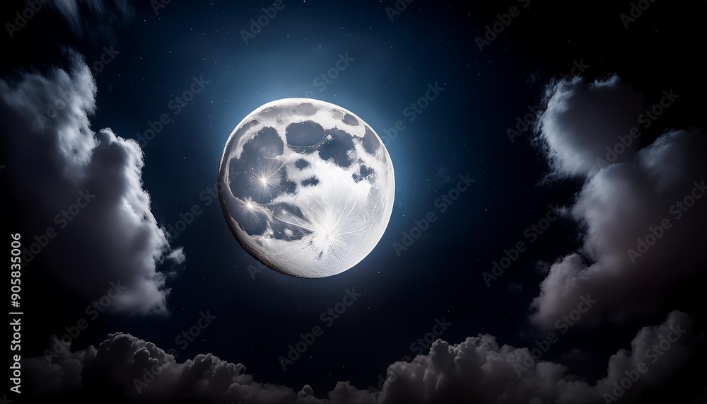 Poster amazing scenery of white glowing moon with craters in black sky with clouds at night