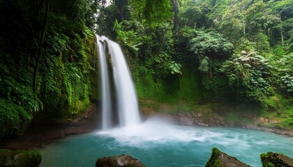 this image is of a waterfall in the middle of a green jungle