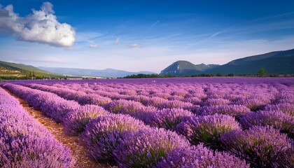 scenic landscape of blooming lavender field in provence france beautiful purple flowers blue sky and mountains in the distance