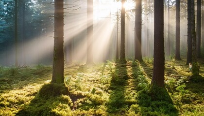 sunbeams through foggy spruce tree forest moss covered forest floor mystical atmosphere