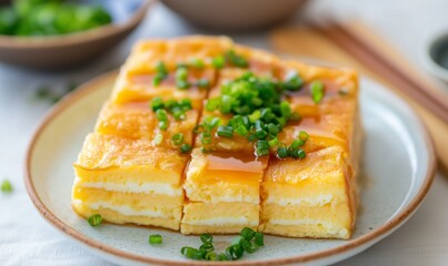 Tamagoyaki served on a plate with golden layers and a soft texture. A Japanese omelet perfect for accompanying traditional meals.