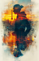 minimalist magazine cover, double exposure, olympic athlete running fast, paris view, glitch, futuristic, vibrant colors.generative ai