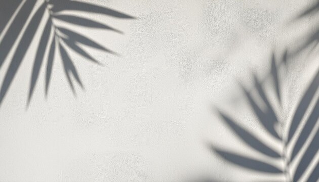 shadow of plam leave on white cement wall background with copy space