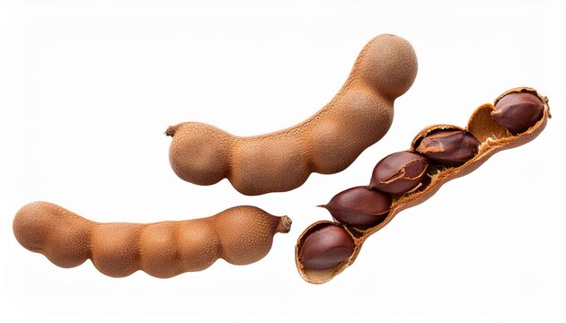 tamarind pods tamarindus indica fruits whole cracked seeds top view isolated png