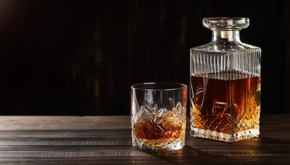 glass of whiskey and carafe on a black wooden table