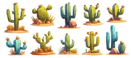 Cartoon wild west cactus set. Vector spiky cacti with flowers, exotic mexican plant, green landscape element isolated on white background
