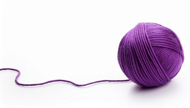 a ball of purple yarn with a long thread isolated on white background