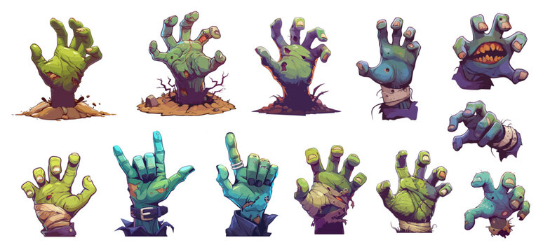 Cartoon zombie hands gestures set. Vector halloween scary dead monster rotten green and blue arms. Spooky undead hand rising from cemetery ground, isolated on white background