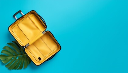 yellow open suitcase empty with monstera palm leaf isolated on blue background summer travel concept top view 3d illustration or 3d render clipping path