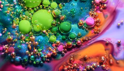 bright abstract flow sequined paint liquid art combined bright cyan fuchsia orange lime bubbles swirling on water surface with glitter
