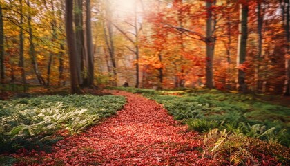 Naklejka premium forest scenery in autumn with enchanting colors and a pathway covered with red leaves and framed by green grass and herbs