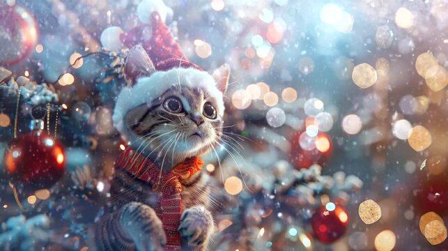 a festive wallpaper featuring cute cat dressed in Santa hats and scarves, christmas decoration tree. seamless looping time-lapse virtual 4k video animation background