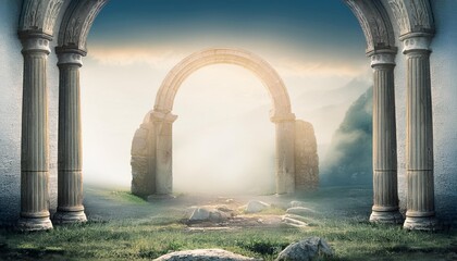 old arch with pillars portal to another world magical place ancient runes natural landscape