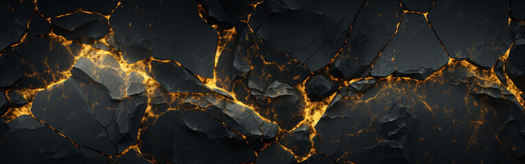 Fototapeta premium A black and gold rock wall with a lot of cracks and holes