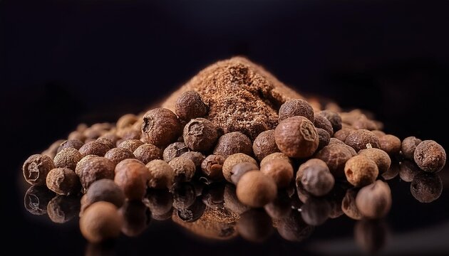 allspice pepper jamaica pepper pimento spice heap rotating over black background whole black peppercorns close up slow motion
