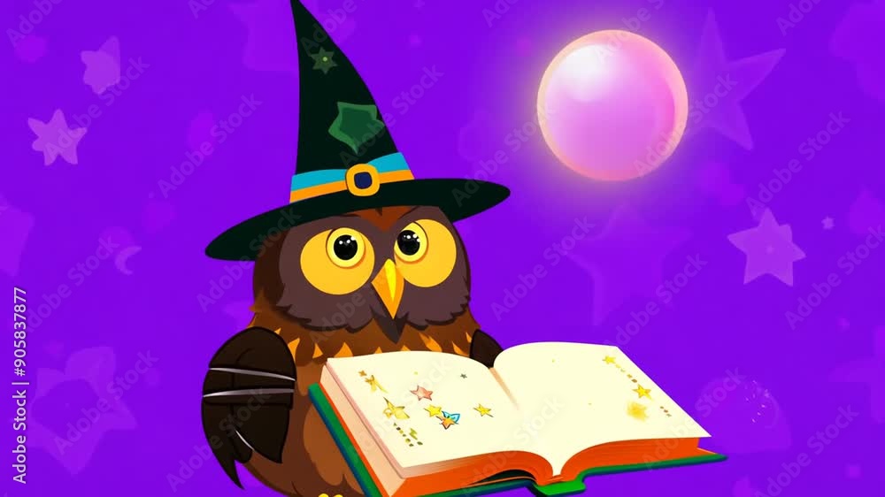 Poster chuckling owl in wizard hat reading book against violet background generative ai