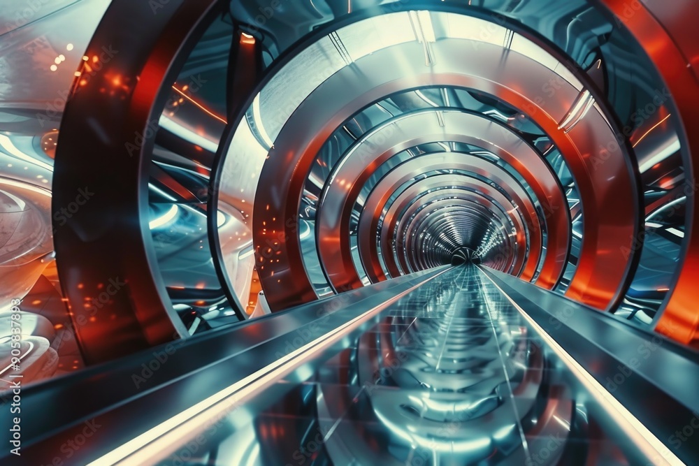 Poster A view from inside a tunnel showing an escalator going downwards, often used in infrastructure or transportation settings