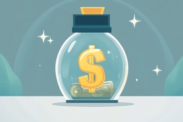 Glass jar filled with golden coins under a spotlight representing savings financial security and the importance of prudent money management in a modern illustrative style.