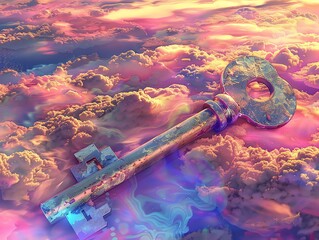 A surreal key floating above colorful clouds, symbolizing dreams, potential, and unlocking new horizons in an ethereal landscape.