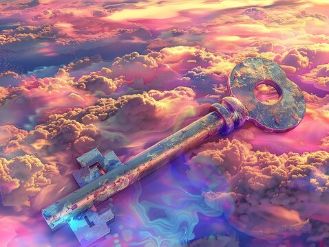 A surreal key floating above colorful clouds, symbolizing dreams, potential, and unlocking new horizons in an ethereal landscape.
