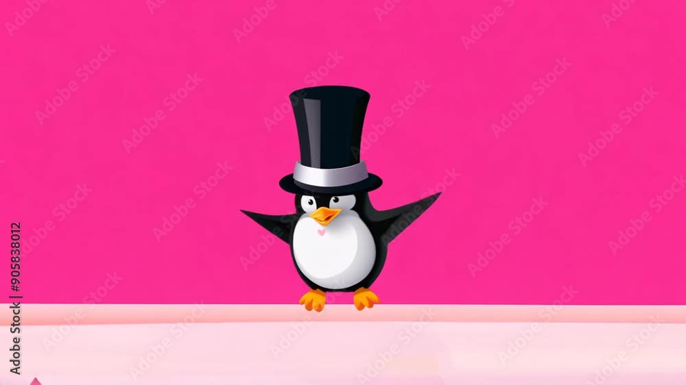 Aufkleber joyful penguin in top hat balancing on ice against rose background generative ai